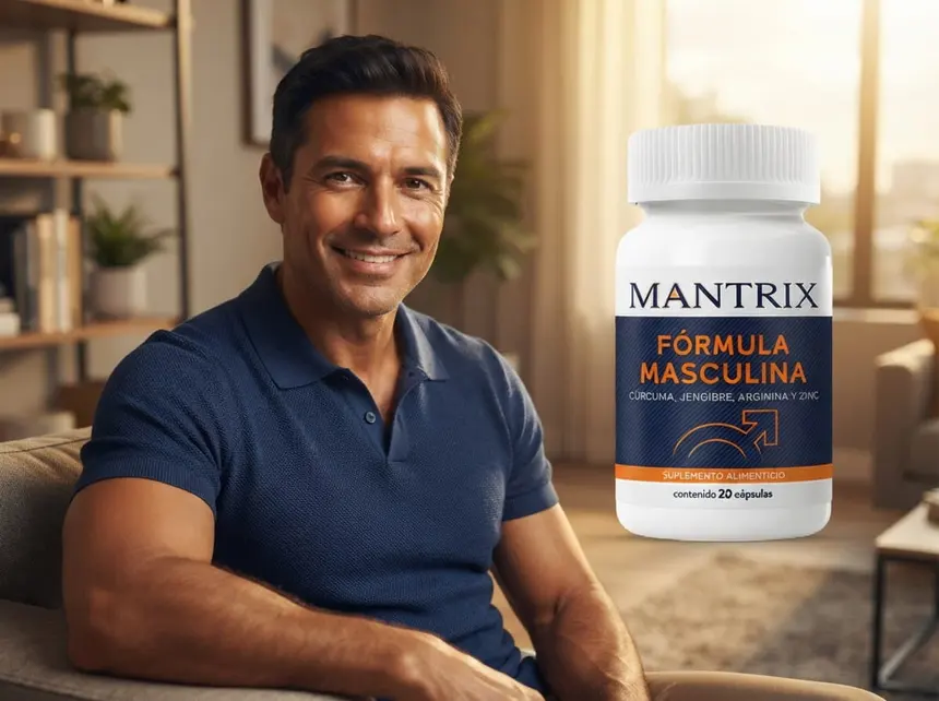 Hombre satisfecho en casa con el frasco de Mantrix